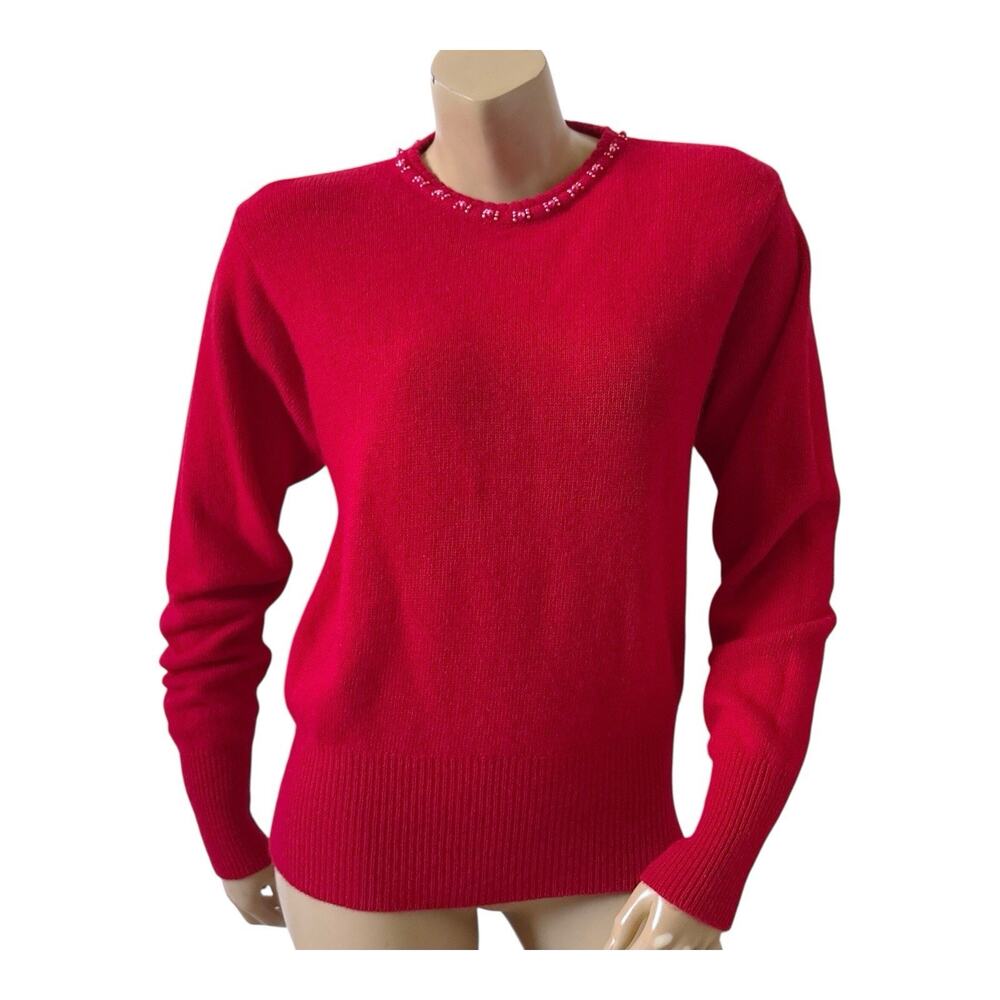 Yarn Works Beaded Sweater Womens M Red Lambswool Angora Long Sleeve Crew Neck